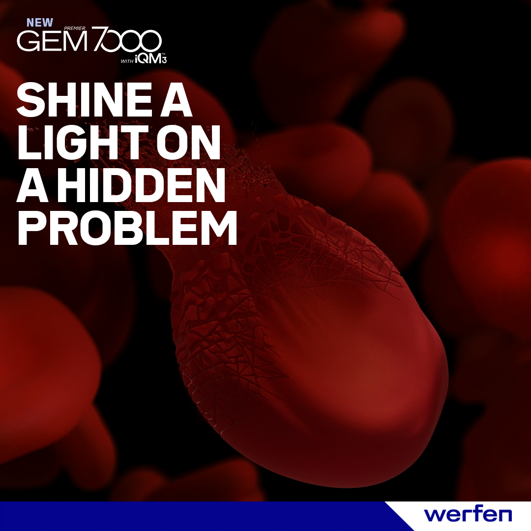 Illustration of a hemolyzed red blood cell with a light shining on it and text: Shine a light on a hidden problem. Hemolysis accounts for  up to 70% of all preanalytical errors. The New GEM Premier 7000 is the first blood gas system to provide hemolysis detection at the POC.